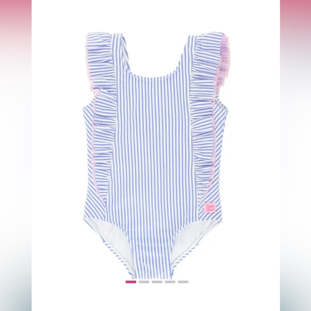 Ruffle Butts Girl’s Waterfall One Piece in Periwinkle Blue Seersucker